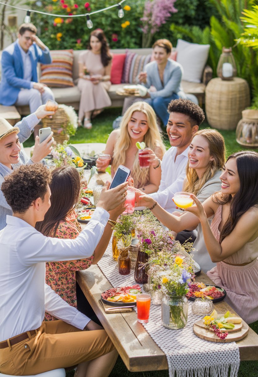 A group of people enjoying an outdoor garden party with flowers, wooden tables, string lights, and casual decorations, celebrating and socializing in a bright setting.